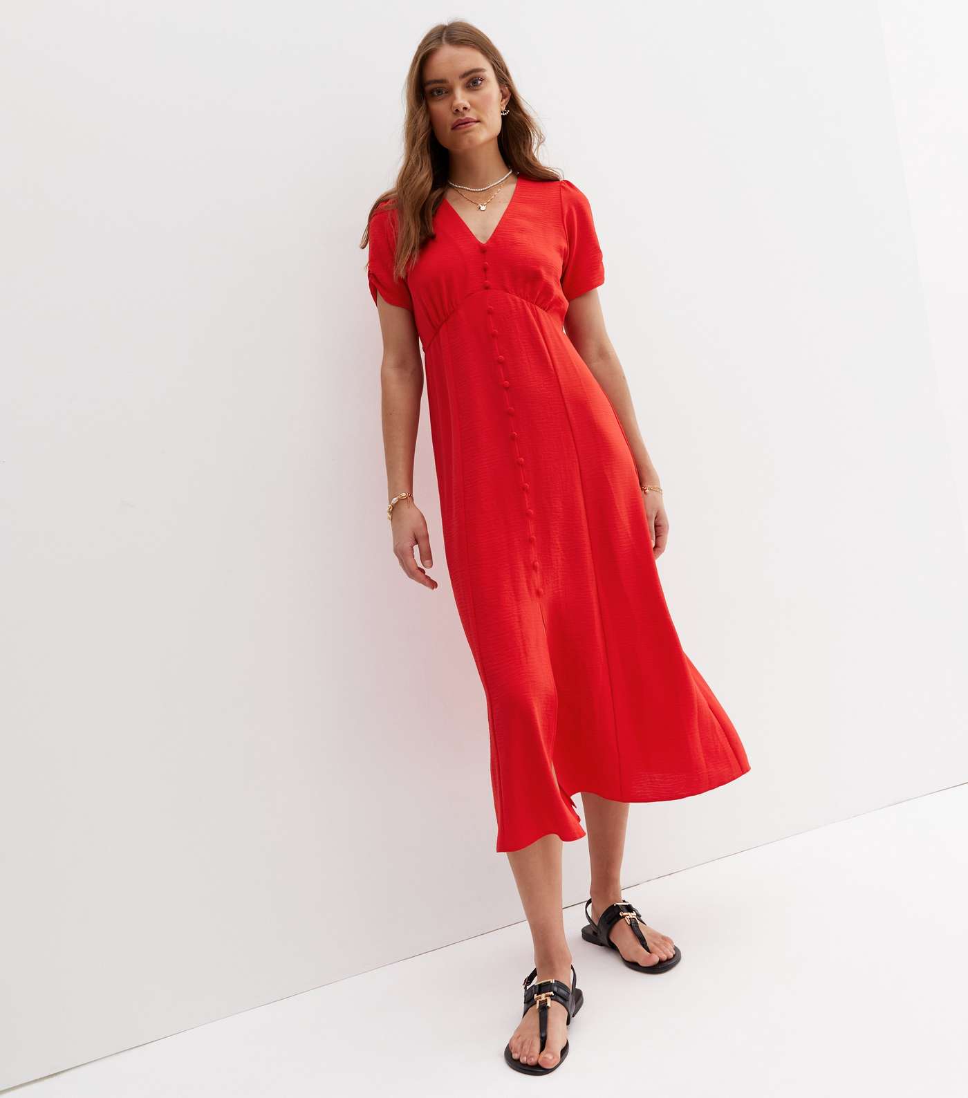 Red Button Front Tie Back Midi Tea Dress Image 2