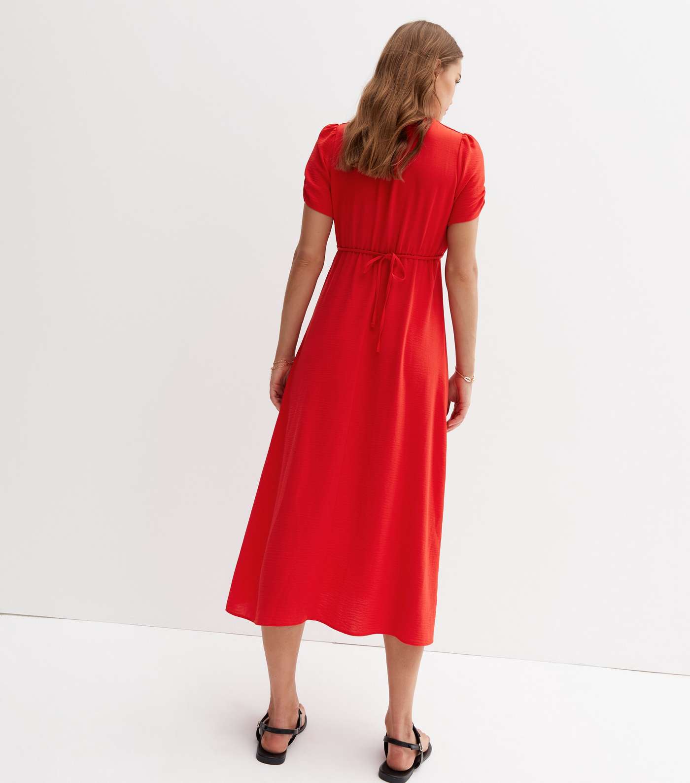 Red Button Front Tie Back Midi Tea Dress Image 4