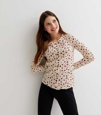 Name It Off White Floral Button Front Long Sleeve Top