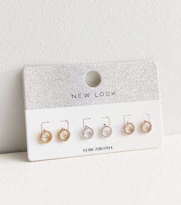 3 Pack Silver Gold and Rose Gold Cubic Zirconia Circle Stud Earrings