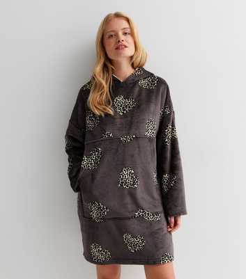 Dark Grey Heart Leopard Print Fleece Oversized Blanket Hoodie
