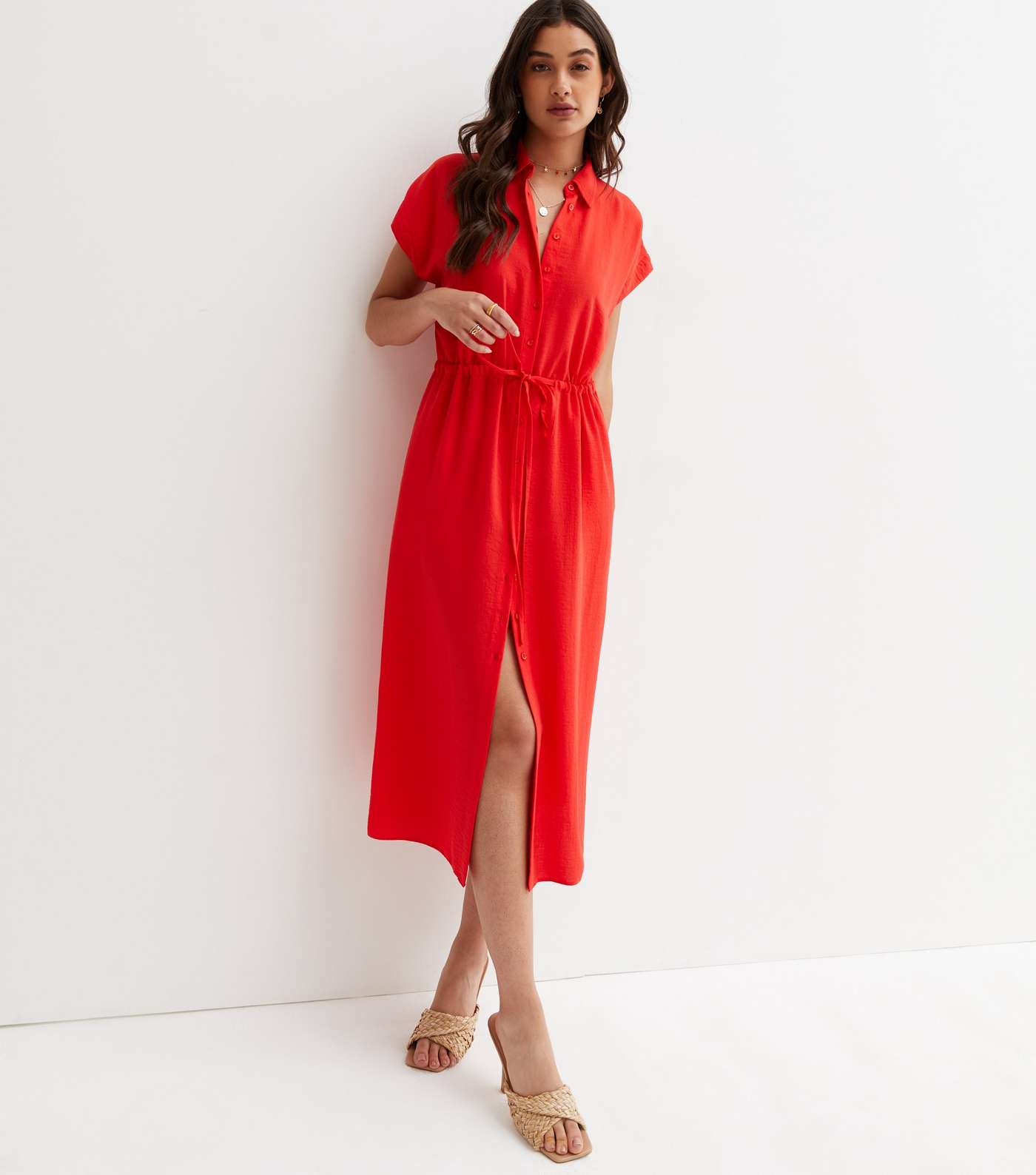 Red Short Sleeve Drawstring Midi Shirt Dress