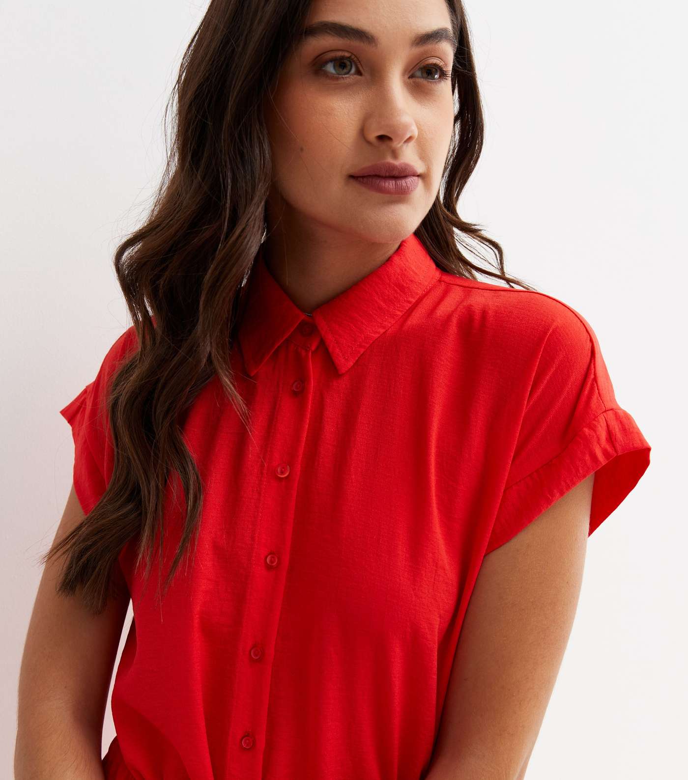 Red Short Sleeve Drawstring Midi Shirt Dress Image 3