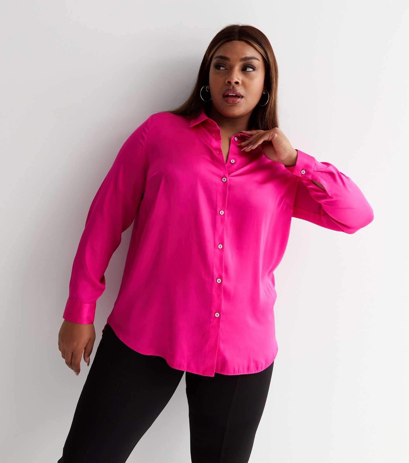 Curves Bright Pink Satin Long Sleeve Shirt
