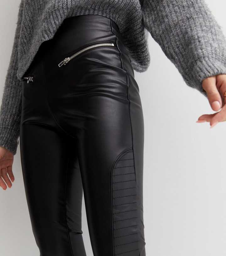 Black Leather-Look Biker Leggings