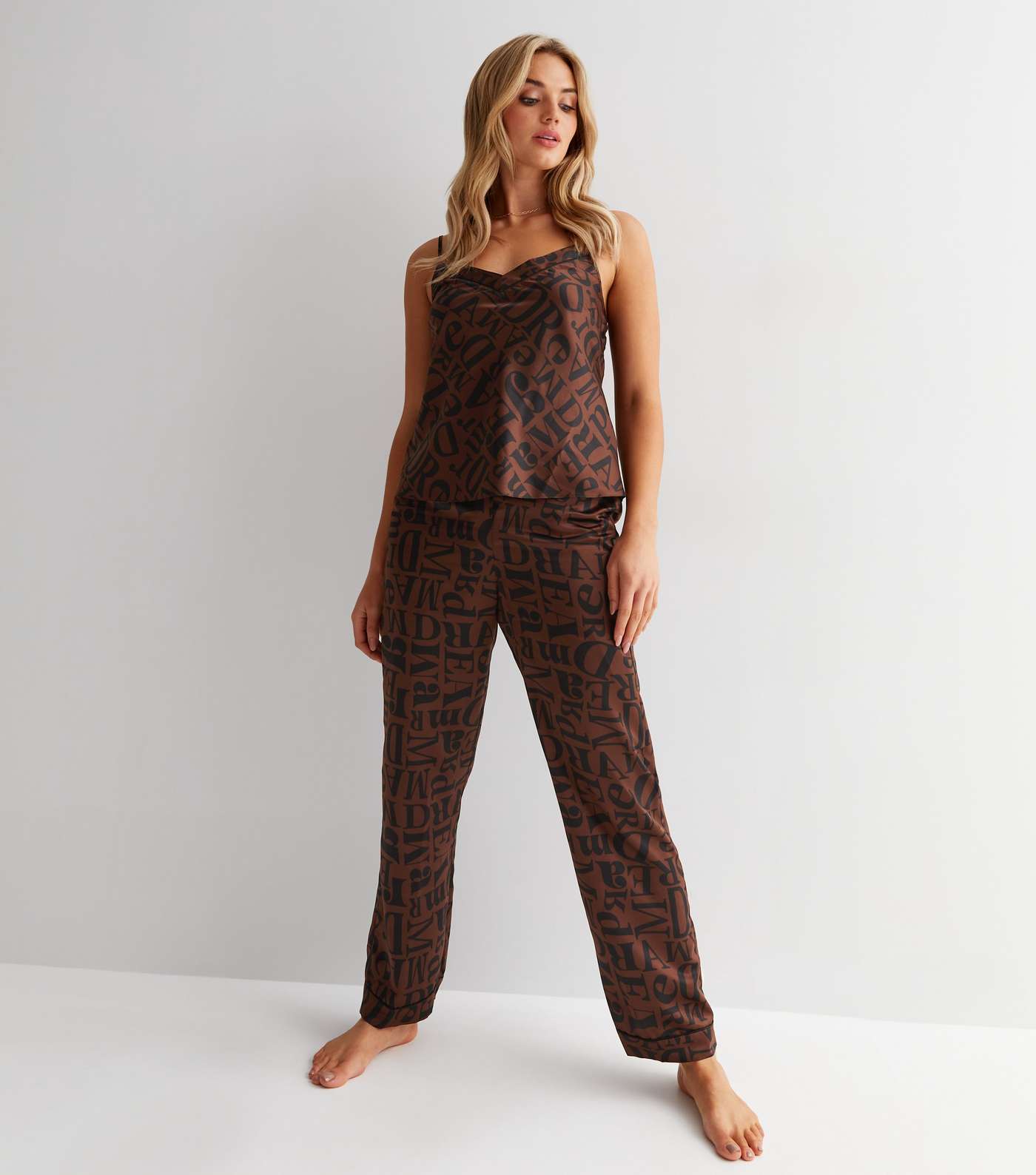 Brown Satin Pyjama Set with Dreamer Monogram Print