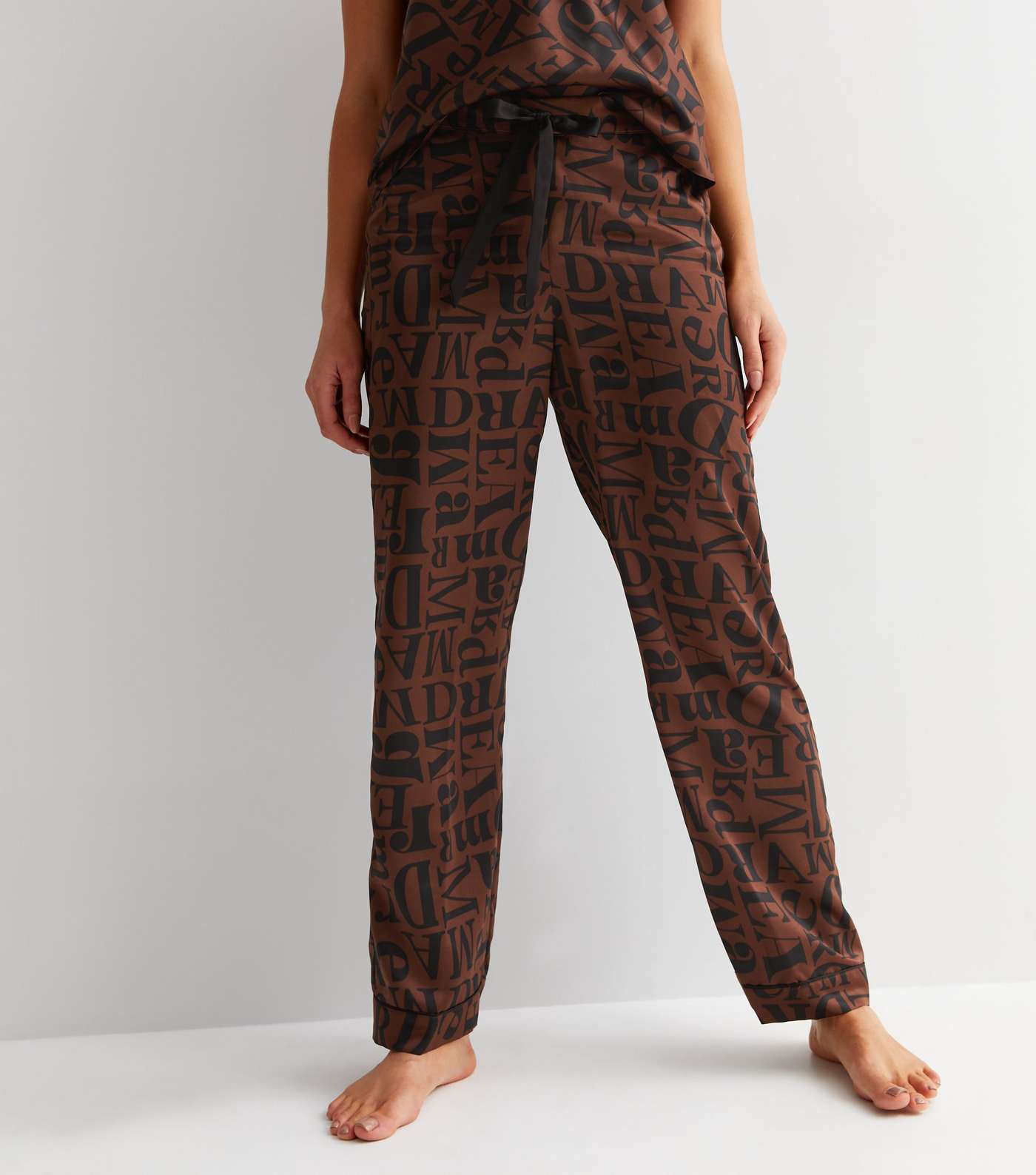 Brown Satin Pyjama Set with Dreamer Monogram Print Image 3