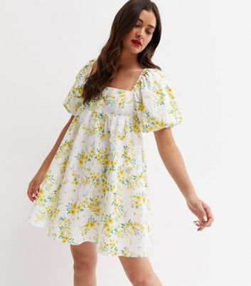 White Floral Square Neck Puff Sleeve Mini Dress