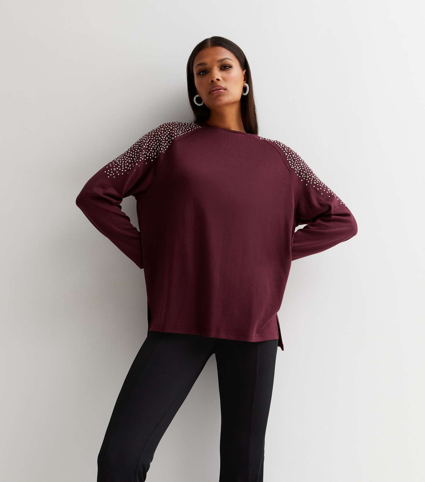 Burgundy Round Neck Embroidered Long Sleeve Top