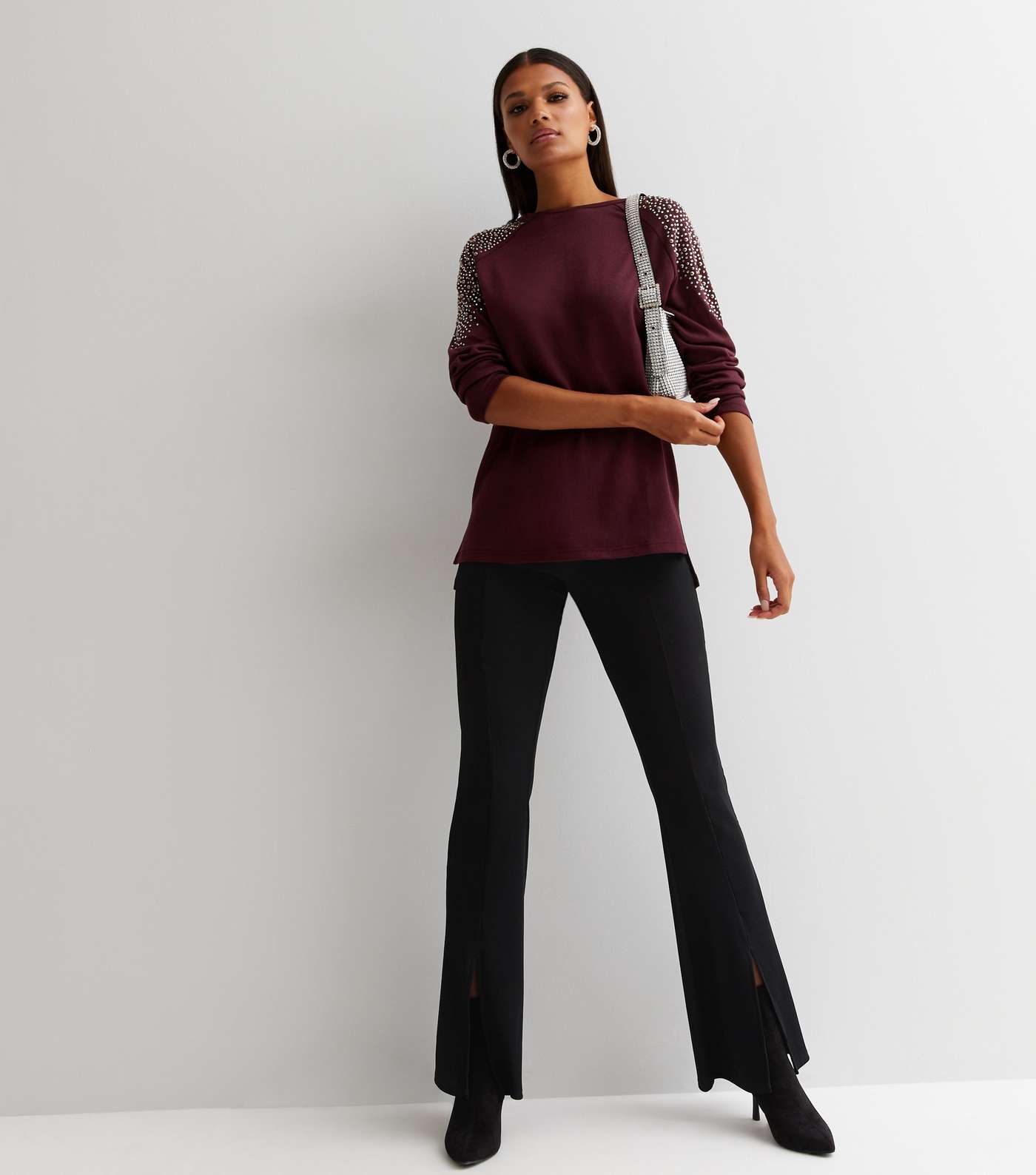 Burgundy Round Neck Embroidered Long Sleeve Top Image 3