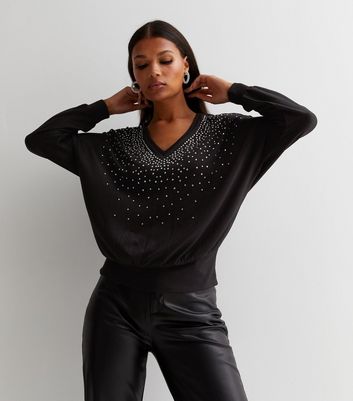 Black V Neck Scatter Embroidered Long Sleeve Jumper New Look