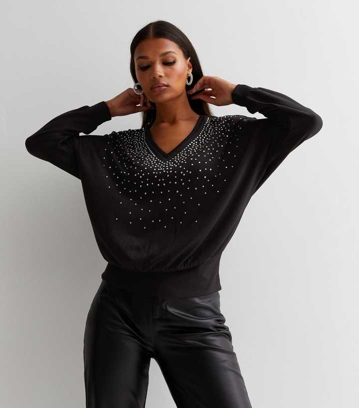 Black V Neck Scatter Embroidered Long Sleeve Jumper