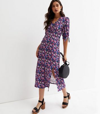 Purple Ditsy Floral Crinkle Jersey Short Tie Sleeve Midi Dress