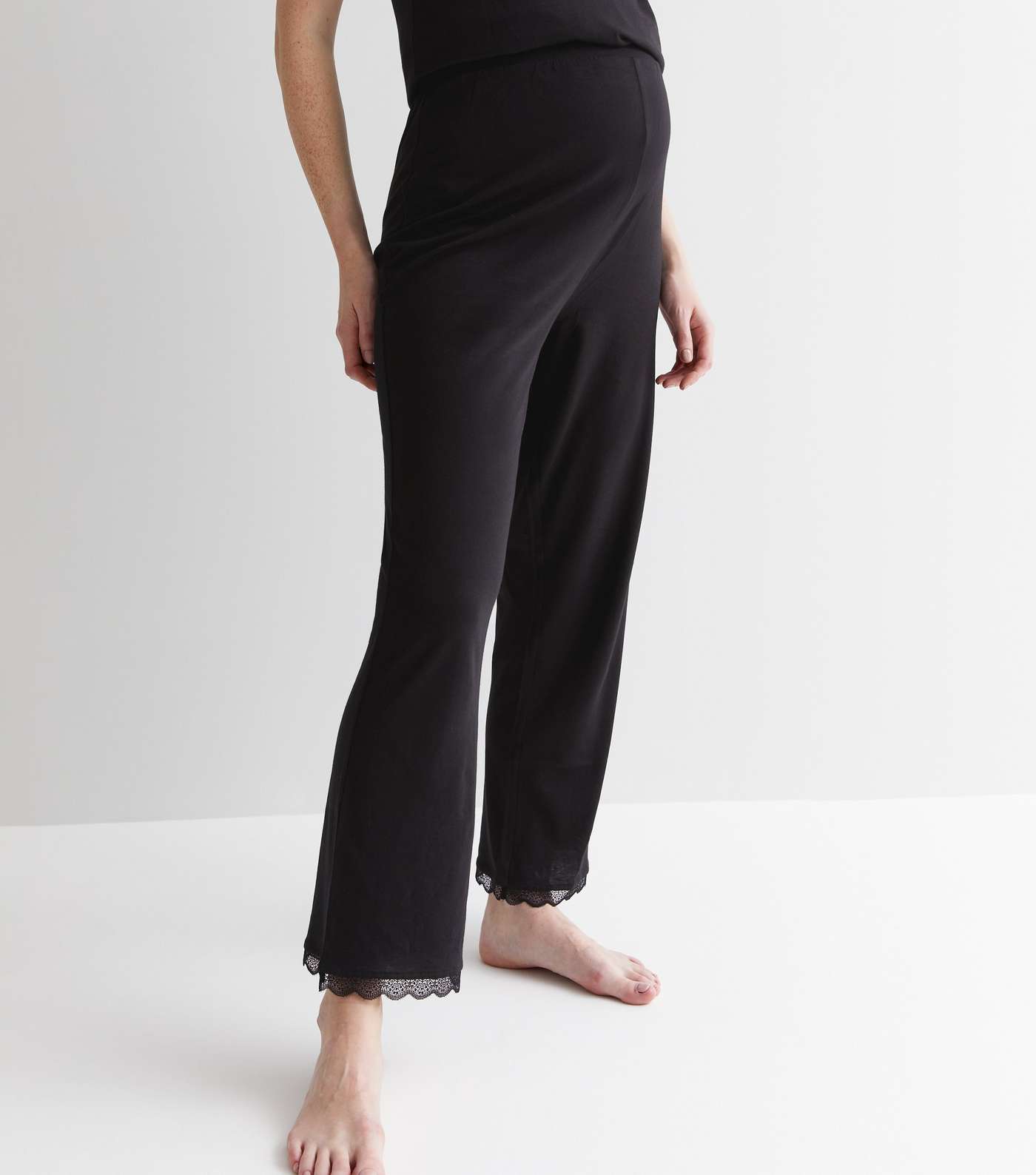 Maternity Black Trouser Pyjama Set with Lace Trim Image 3