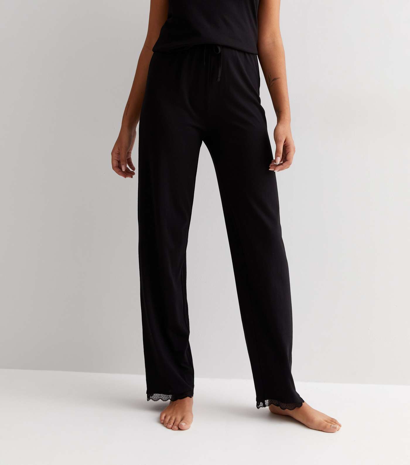 Tall Black Modal Lace Trim Trousers Image 3