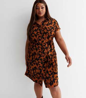 ONLY Curves Light Brown Leopard Print Short Sleeve Mini Shirt Dress