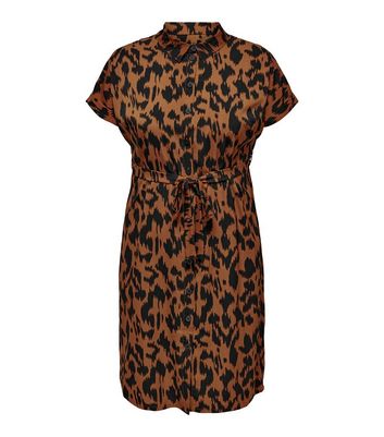ONLY Curves Light Brown Leopard Print Short Sleeve Mini Shirt Dress New Look