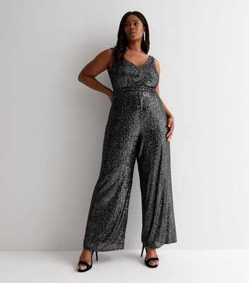 Curves Pewter Sequin Sleeveless Tie Waist Jumpsuit