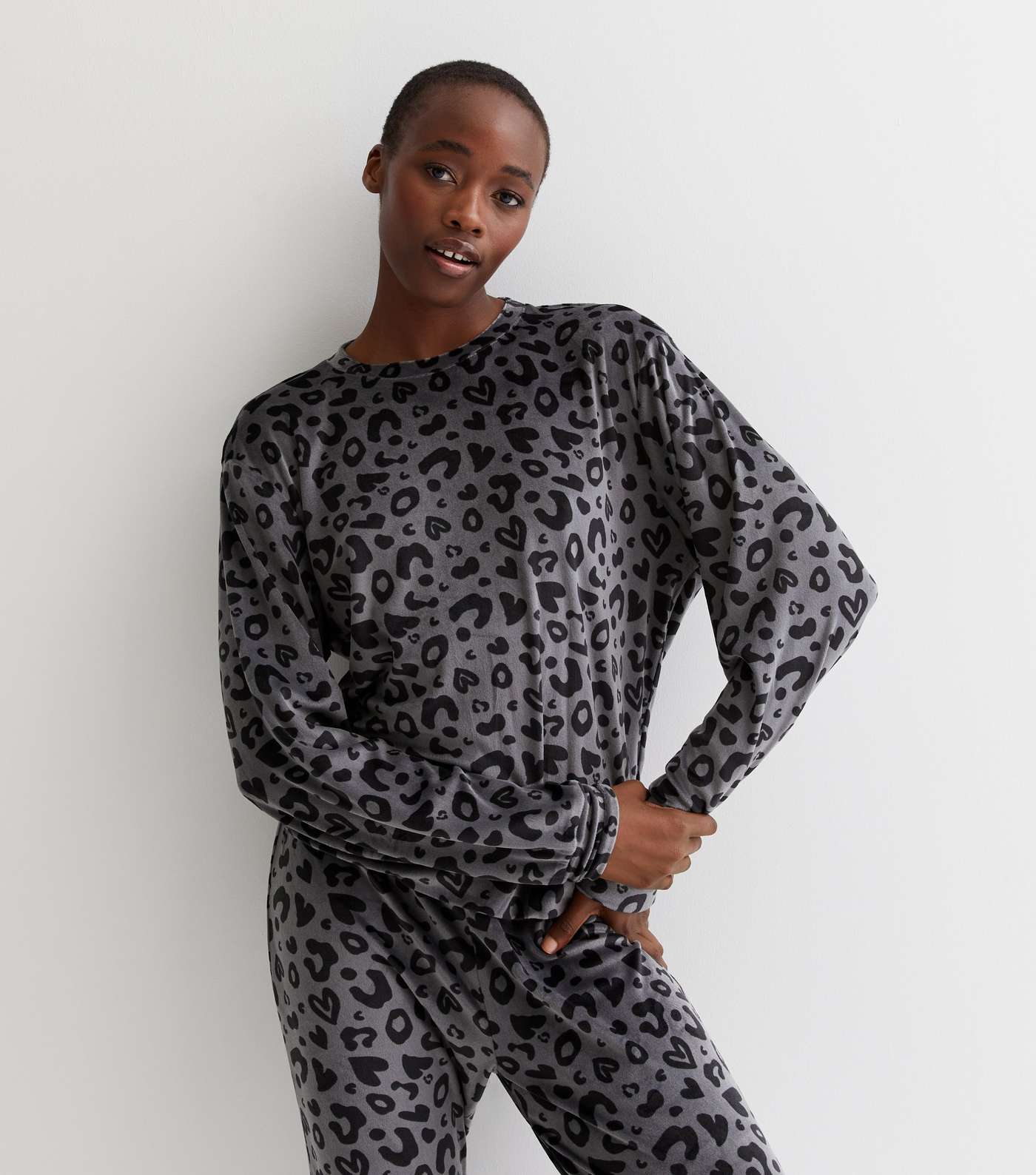 Tall Light Grey Leopard Print Velvet Sweatshirt Image 2