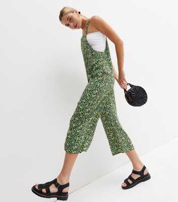 Green Ditsy Floral Crop Wide Leg Dungaree Jumpsuit
