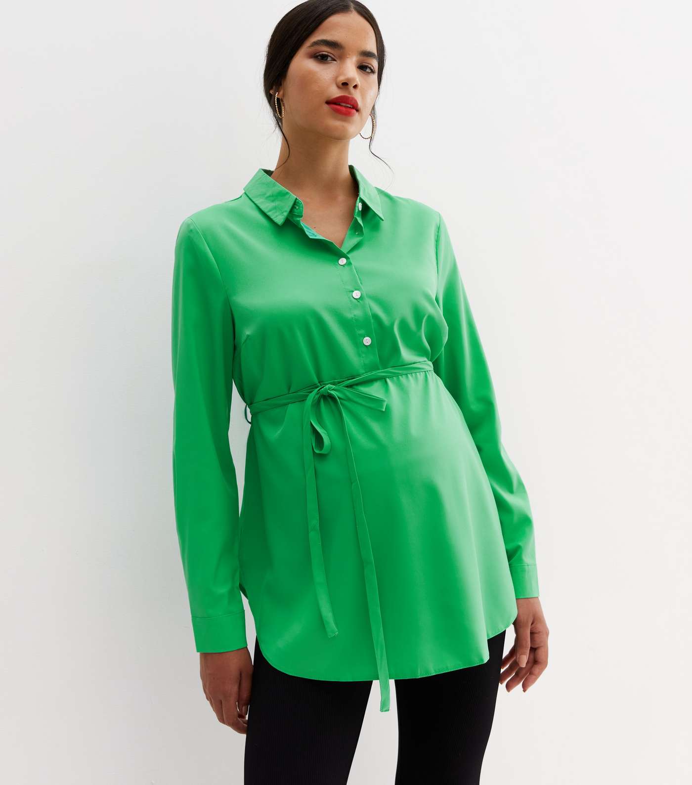 Maternity Green Long Sleeve Tie Waist Shirt Image 2