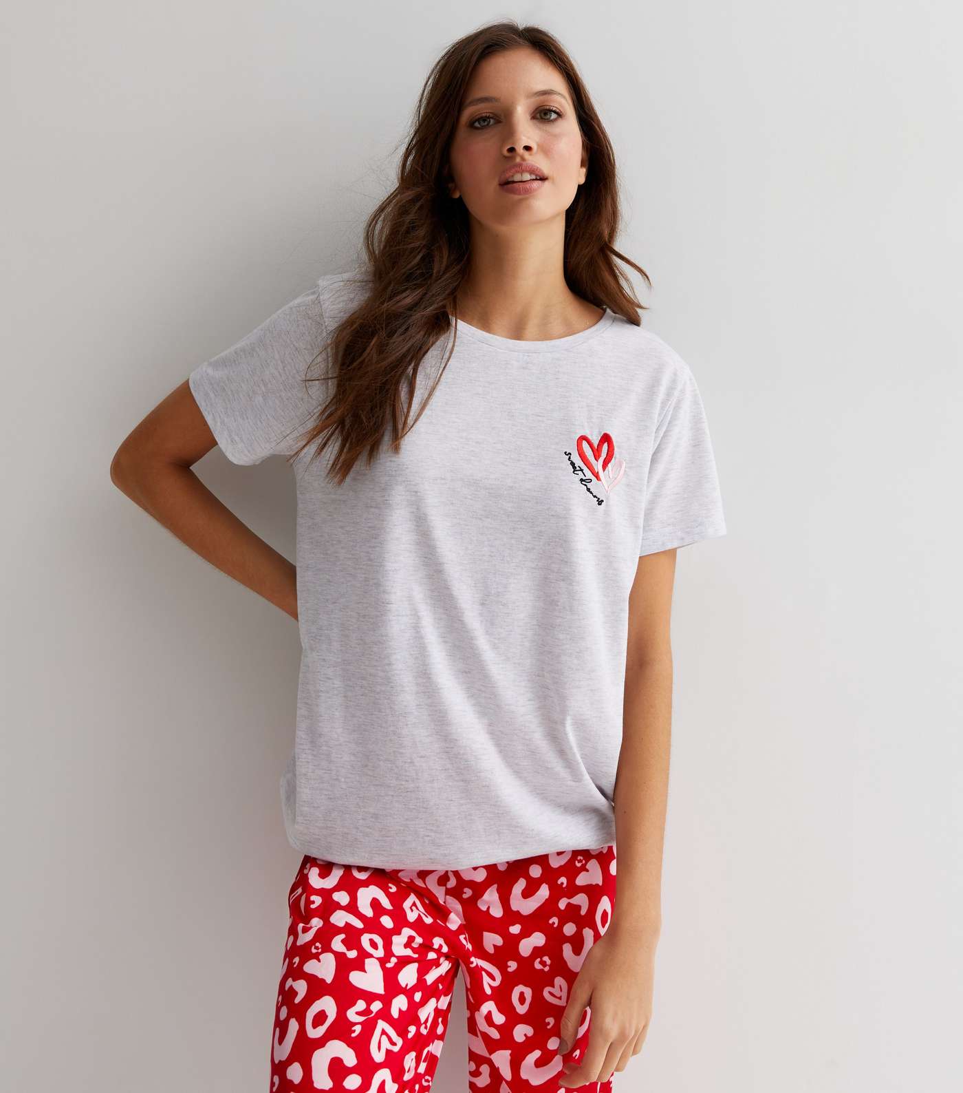 Light Grey Soft Touch Jogger Pyjama Set with Leopard Heart Print Image 2