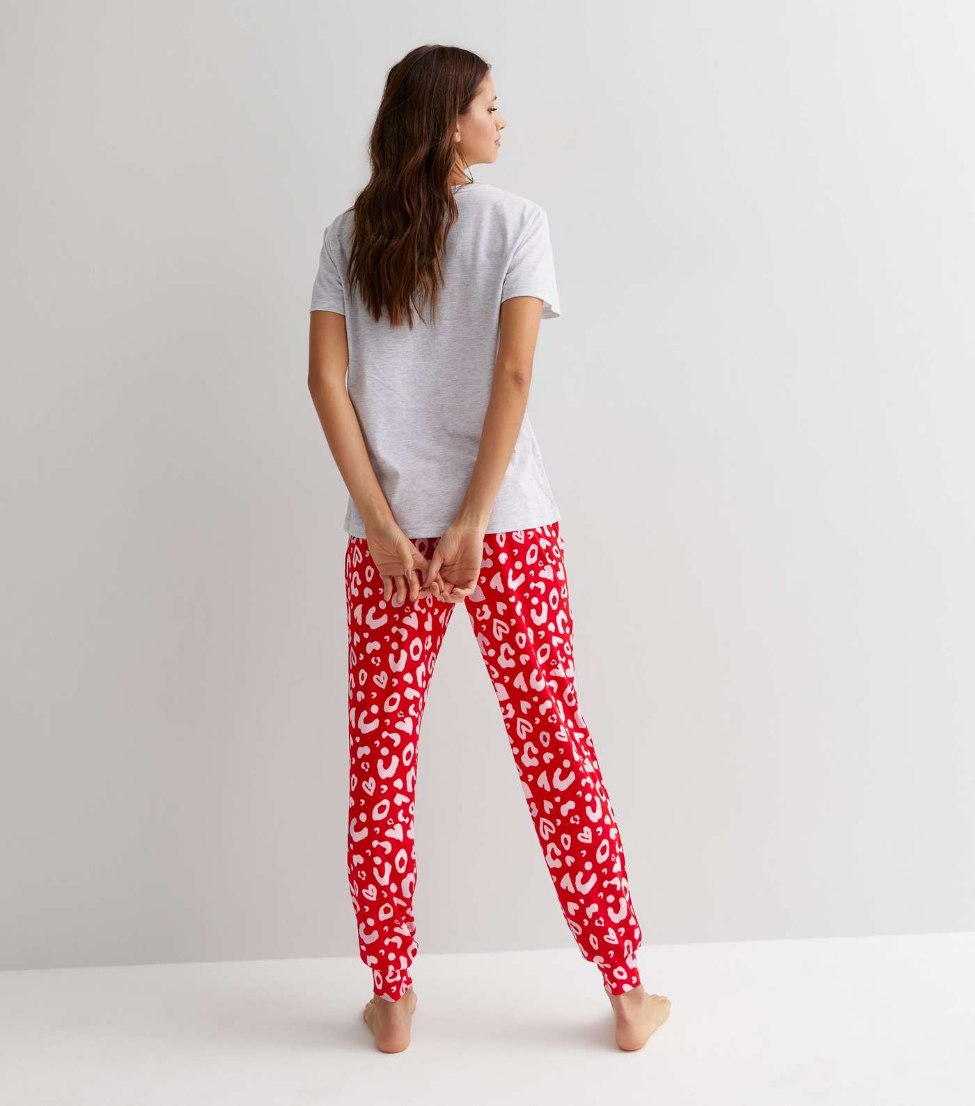 Light Grey Soft Touch Jogger Pyjama Set with Leopard Heart Print Image 4