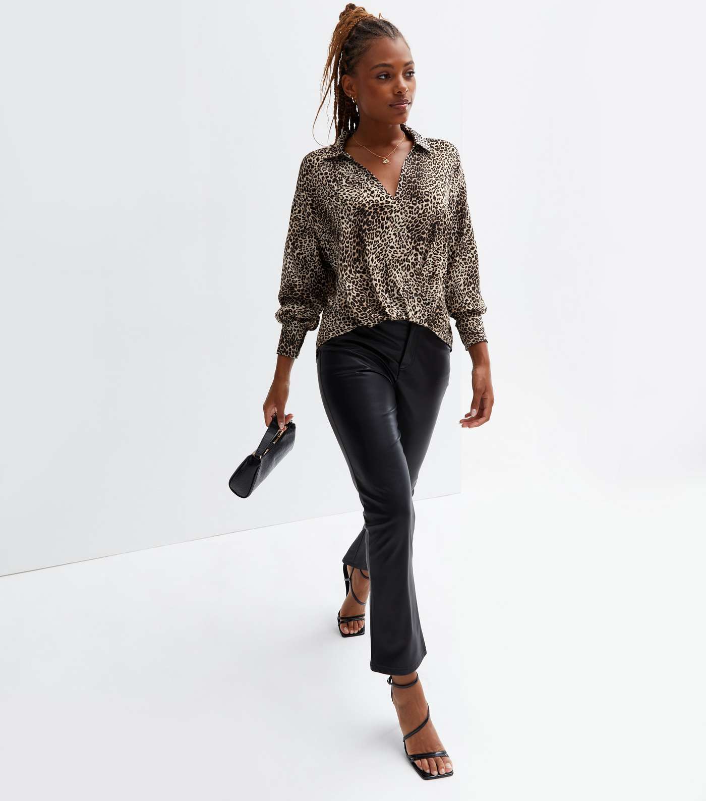 Brown Leopard Print Collared Long Sleeve Wrap Shirt Image 2