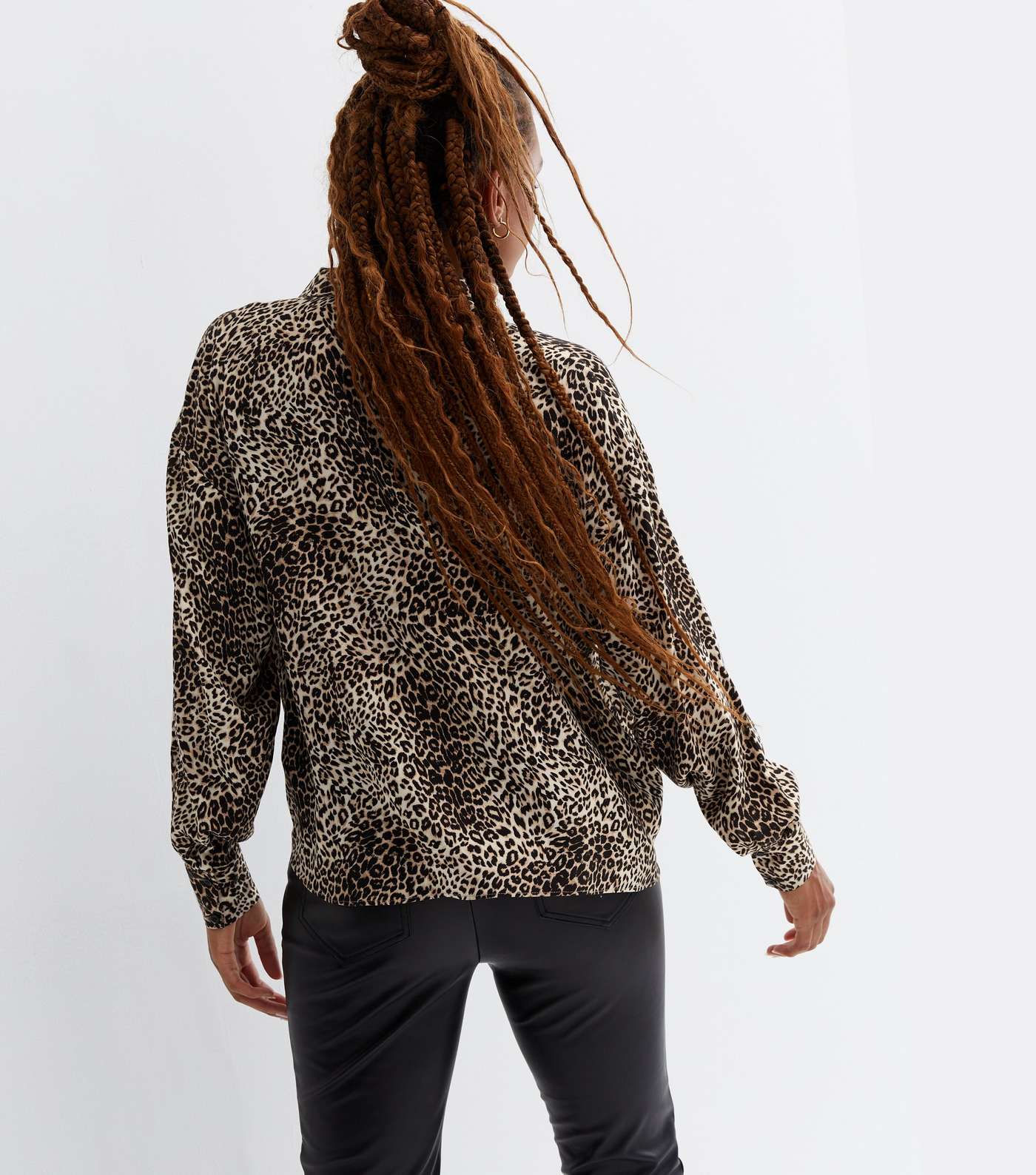 Brown Leopard Print Collared Long Sleeve Wrap Shirt Image 4