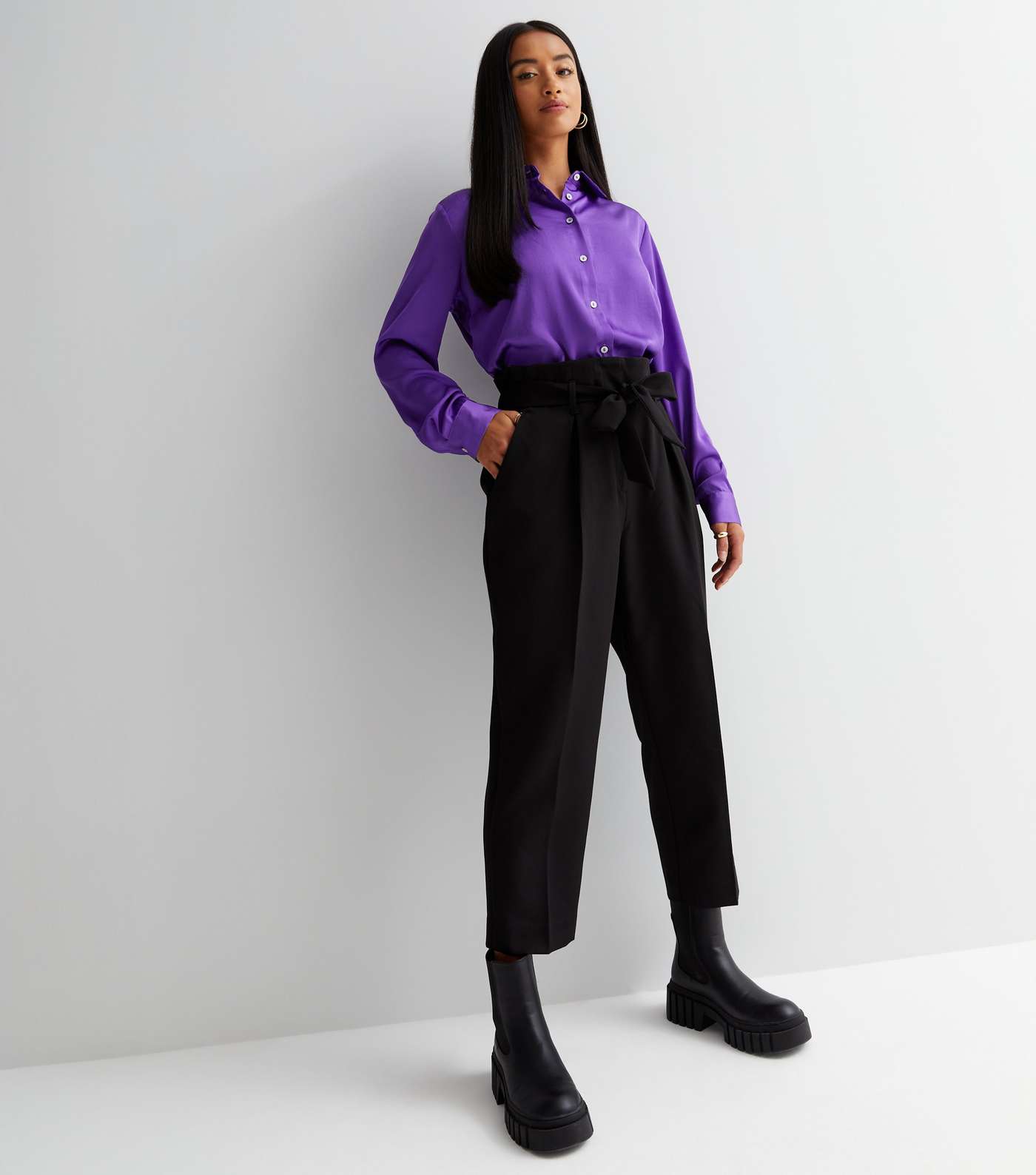 Petite Purple Satin Long Sleeve Oversized Shirt Image 2