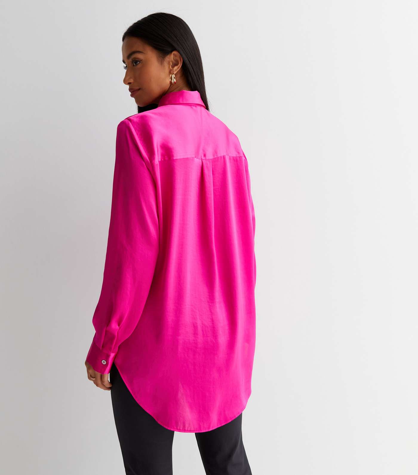 Petite Bright Pink Satin Long Sleeve Oversized Shirt Image 4