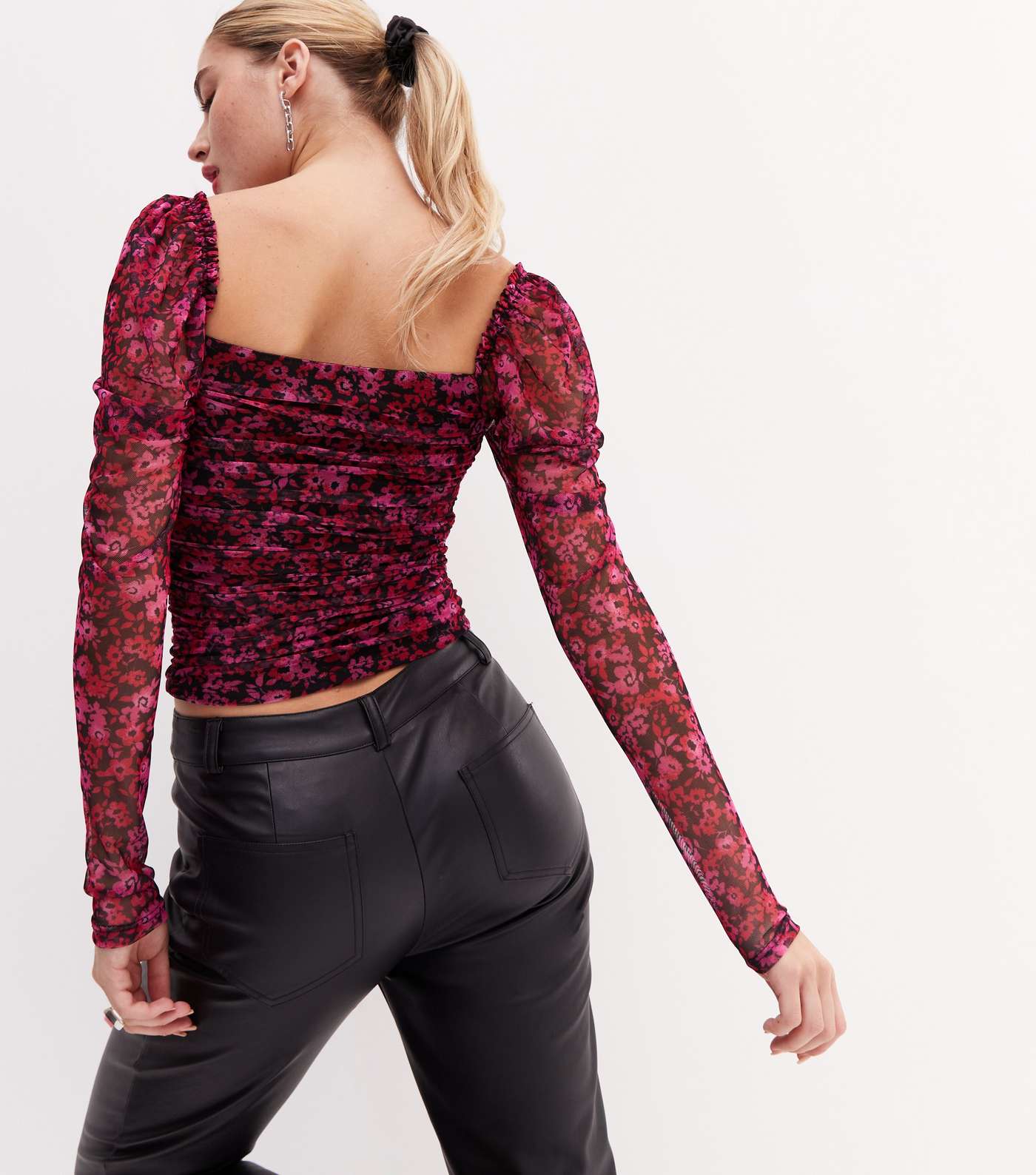 Pink Floral Mesh Ruched Long Sleeve Crop Top Image 4