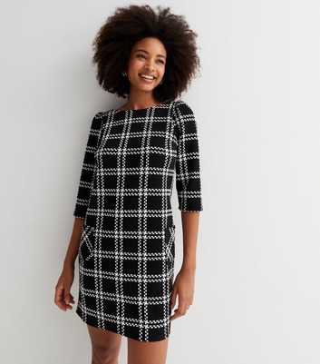 Black Jacquard Check 3/4 Sleeve Mini Tunic Dress