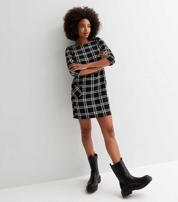 | Jacquard Sleeve 3/4 New Look Tunic Mini Black Dress Check