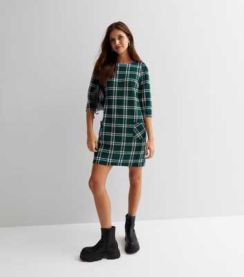 Dark Green Jacquard Check 3/4 Sleeve Mini Tunic Dress