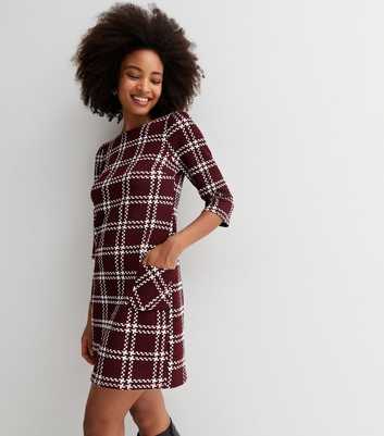 Burgundy Jacquard Check 3/4 Sleeve Mini Tunic Dress