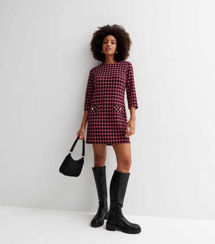 Pink Check 3/4 Sleeve Mini Tunic Dress | New Look