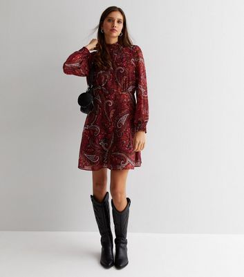 Red Paisley Chiffon High Neck Long Puff Sleeve Mini Dress