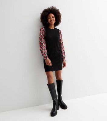 Black Geometric 2-in-1 Long Sleeve Mini Shift Dress