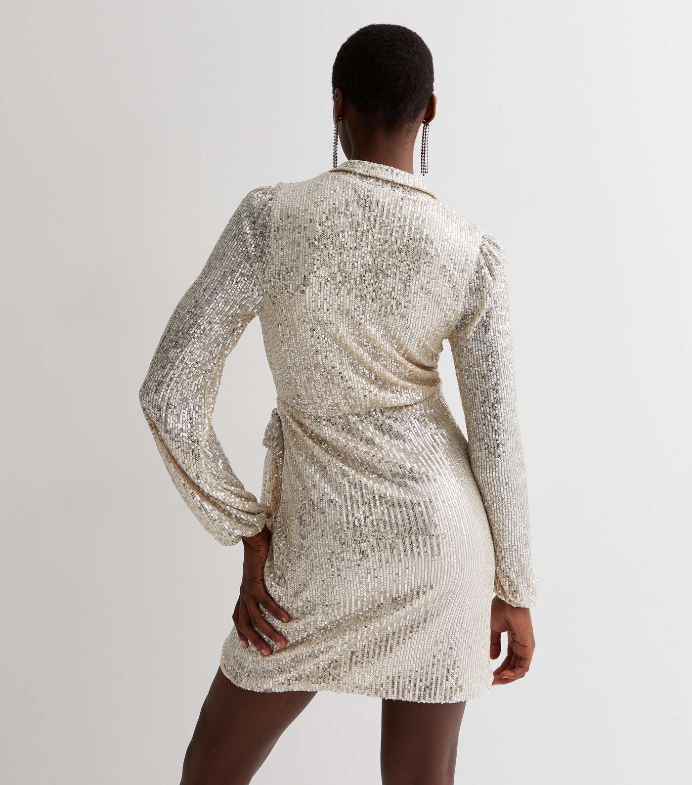 Tall Silver Sequin Collared Long Sleeve Mini Wrap Dress Image 4