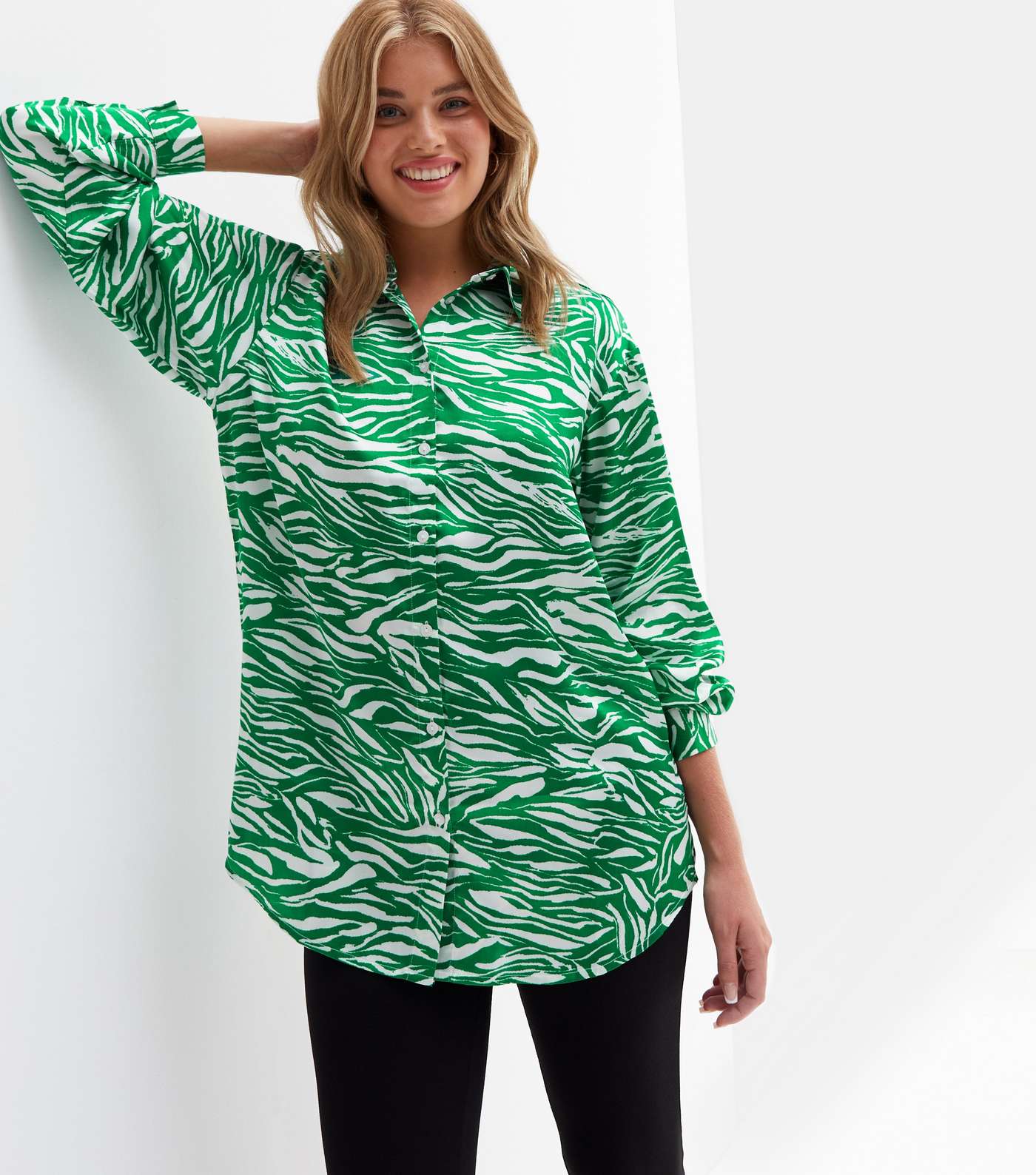 Tall Green Zebra Print Satin Oversized Shirt