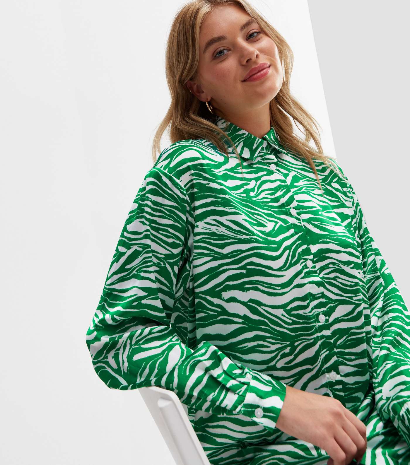 Tall Green Zebra Print Satin Oversized Shirt Image 3