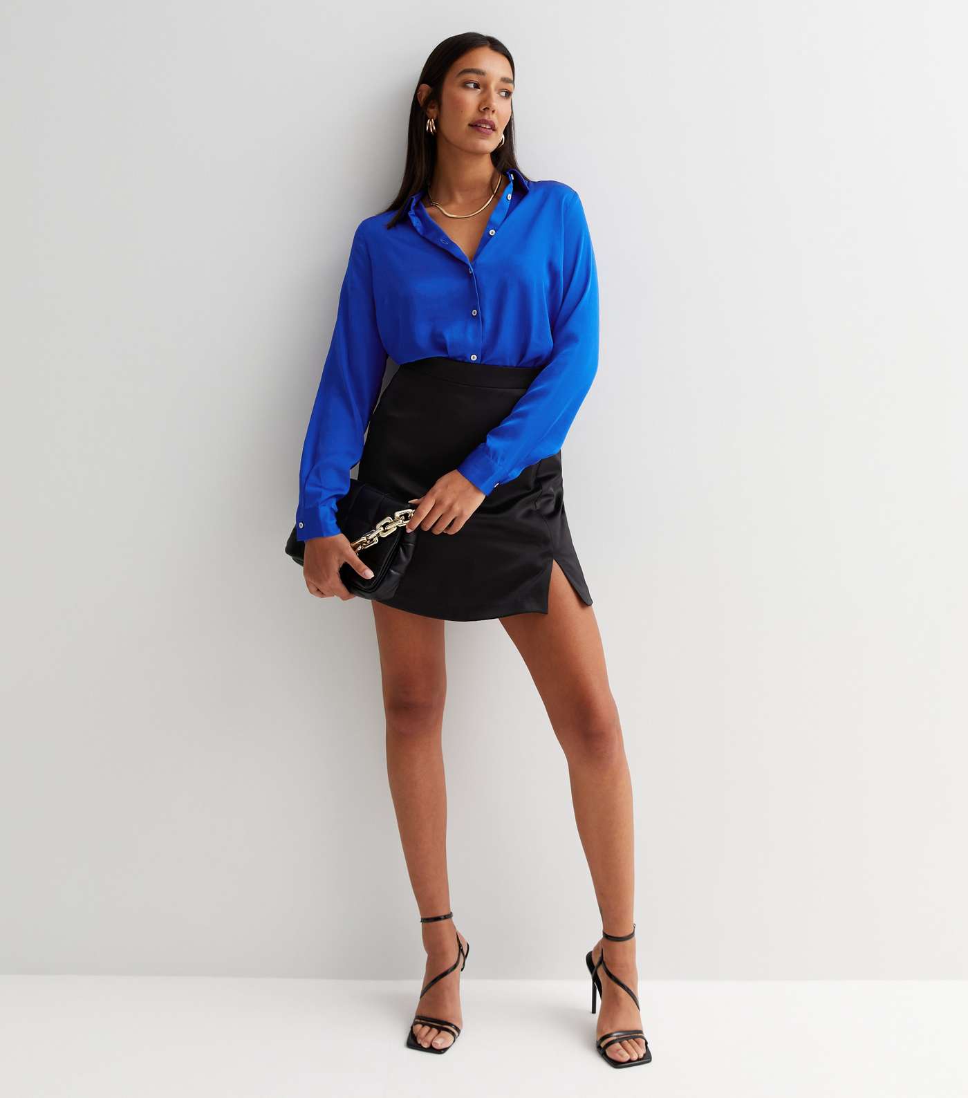 Tall Blue Satin Long Sleeve Oversized Shirt Image 2