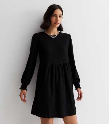 Black Crinkle Long Sleeve Mini Smock Dress