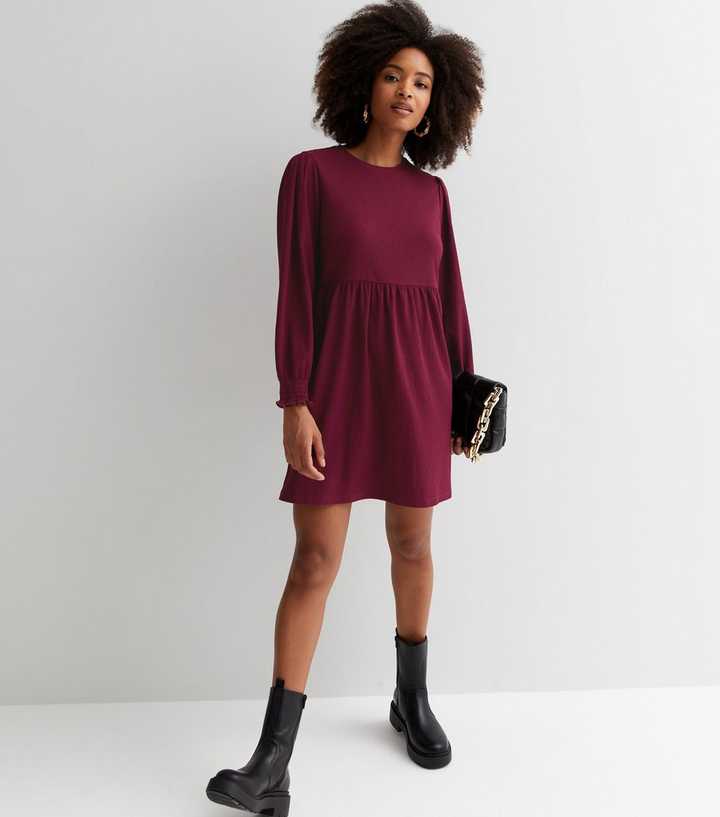 Burgundy Crinkle Long Sleeve Mini Smock Dress