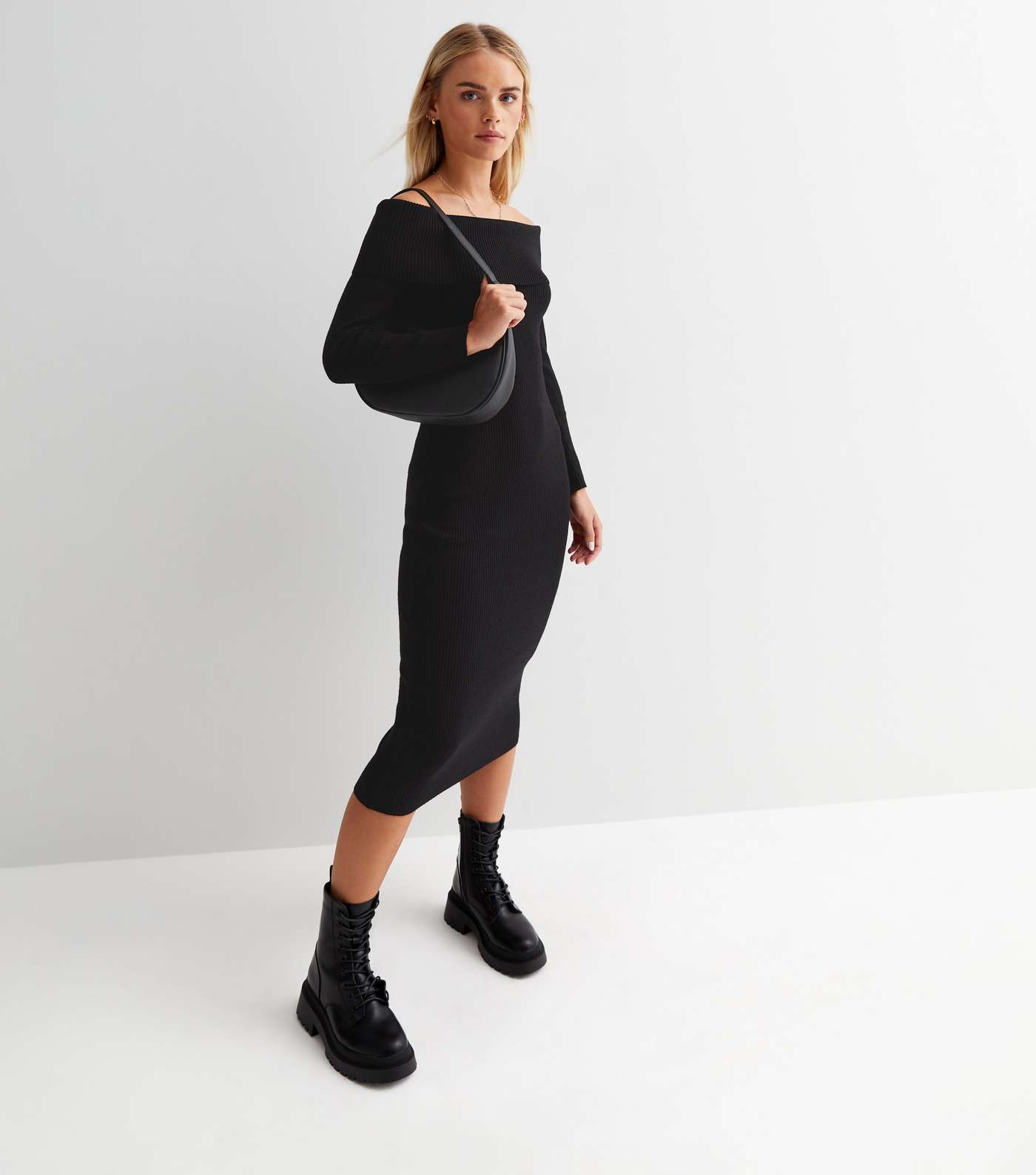 Petite Black Ribbed Knit Bardot Long Sleeve Midi Bodycon Dress Image 2
