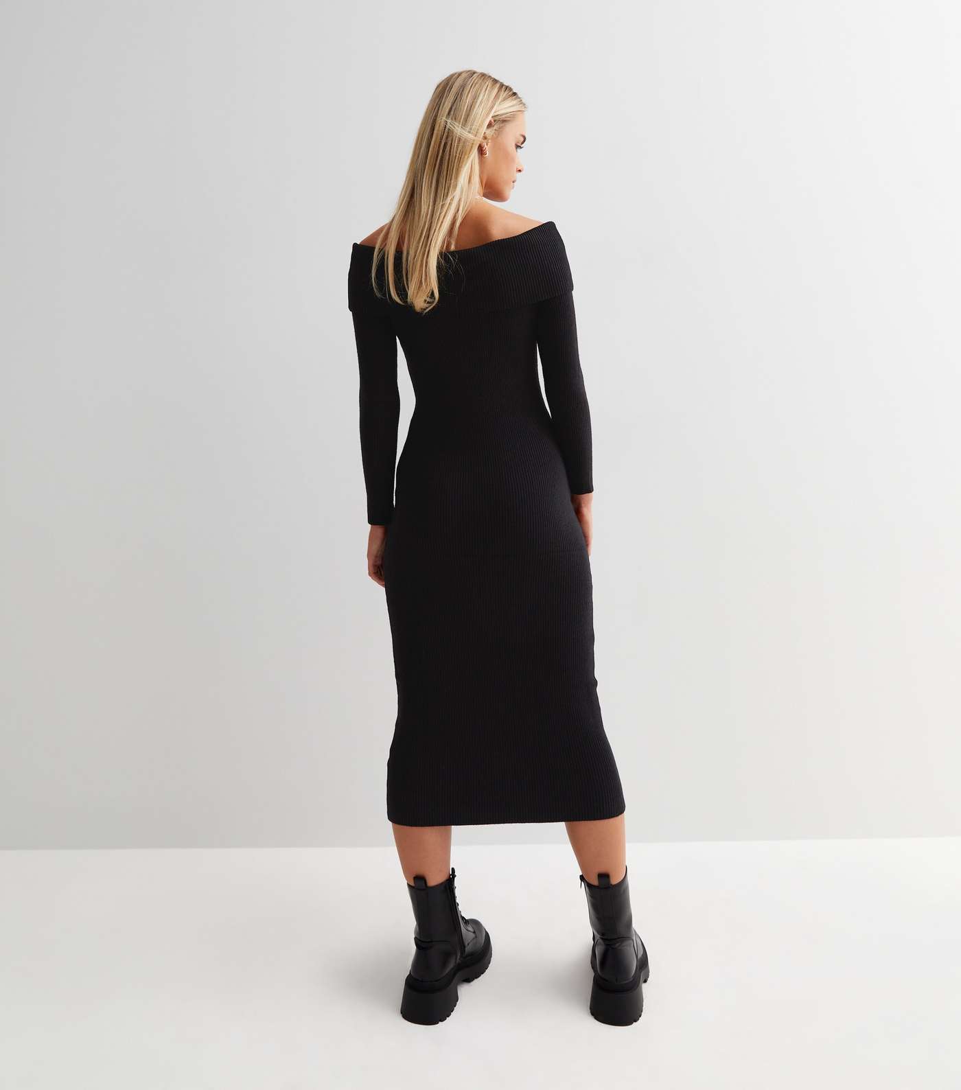 Petite Black Ribbed Knit Bardot Long Sleeve Midi Bodycon Dress Image 4