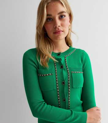 Tall Green Knit Pocket Front Chain Trim Long Sleeve Cardigan