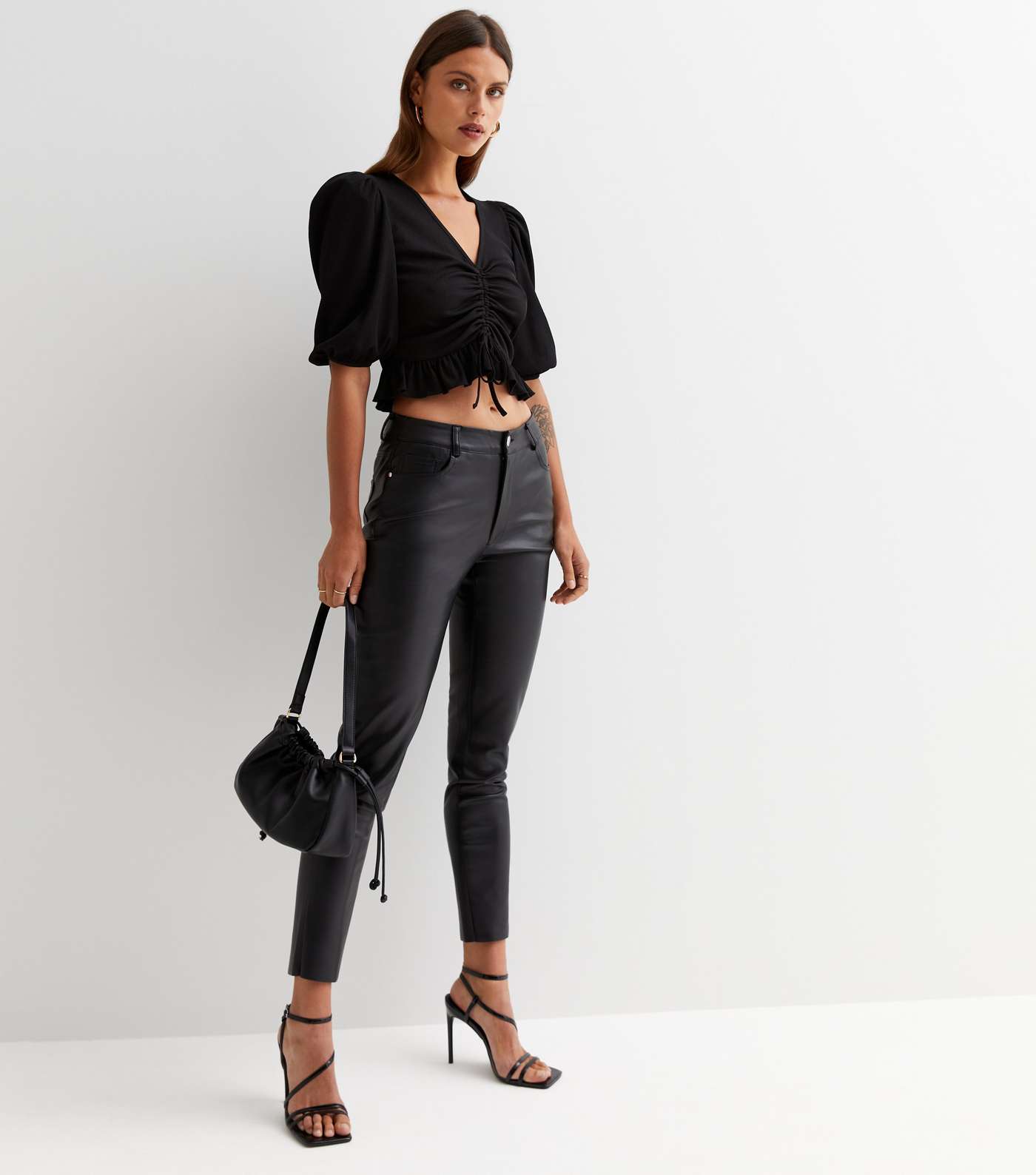 Black Ribbed Ruched Tie Front Crop Top Image 2