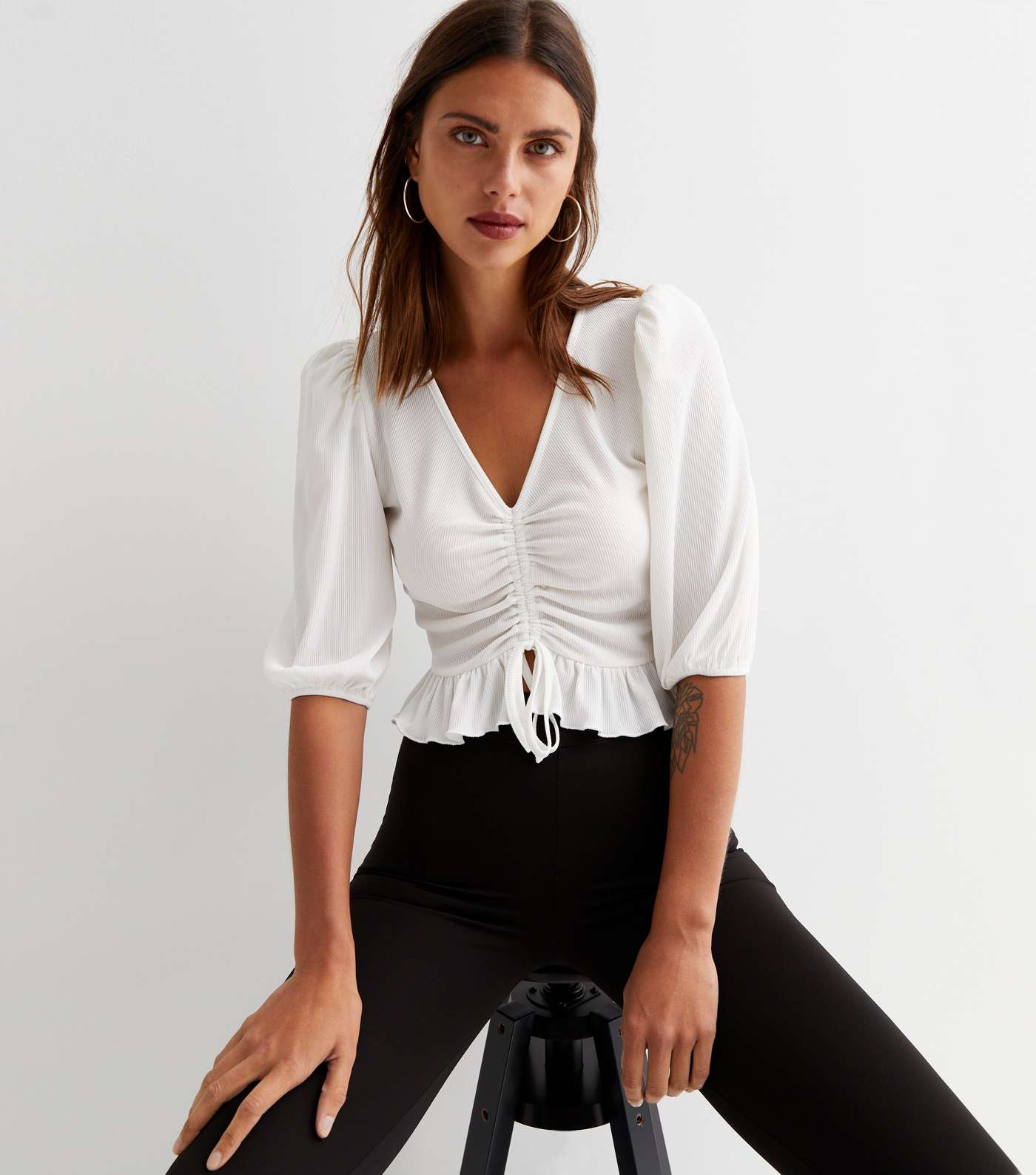 Cream Ribbed Ruched Tie Front Crop Top